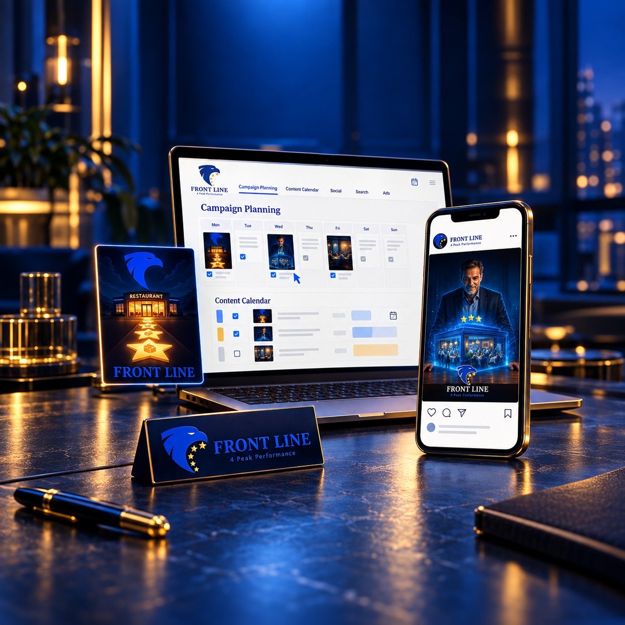 mobile and desktop screens showing digital marketing