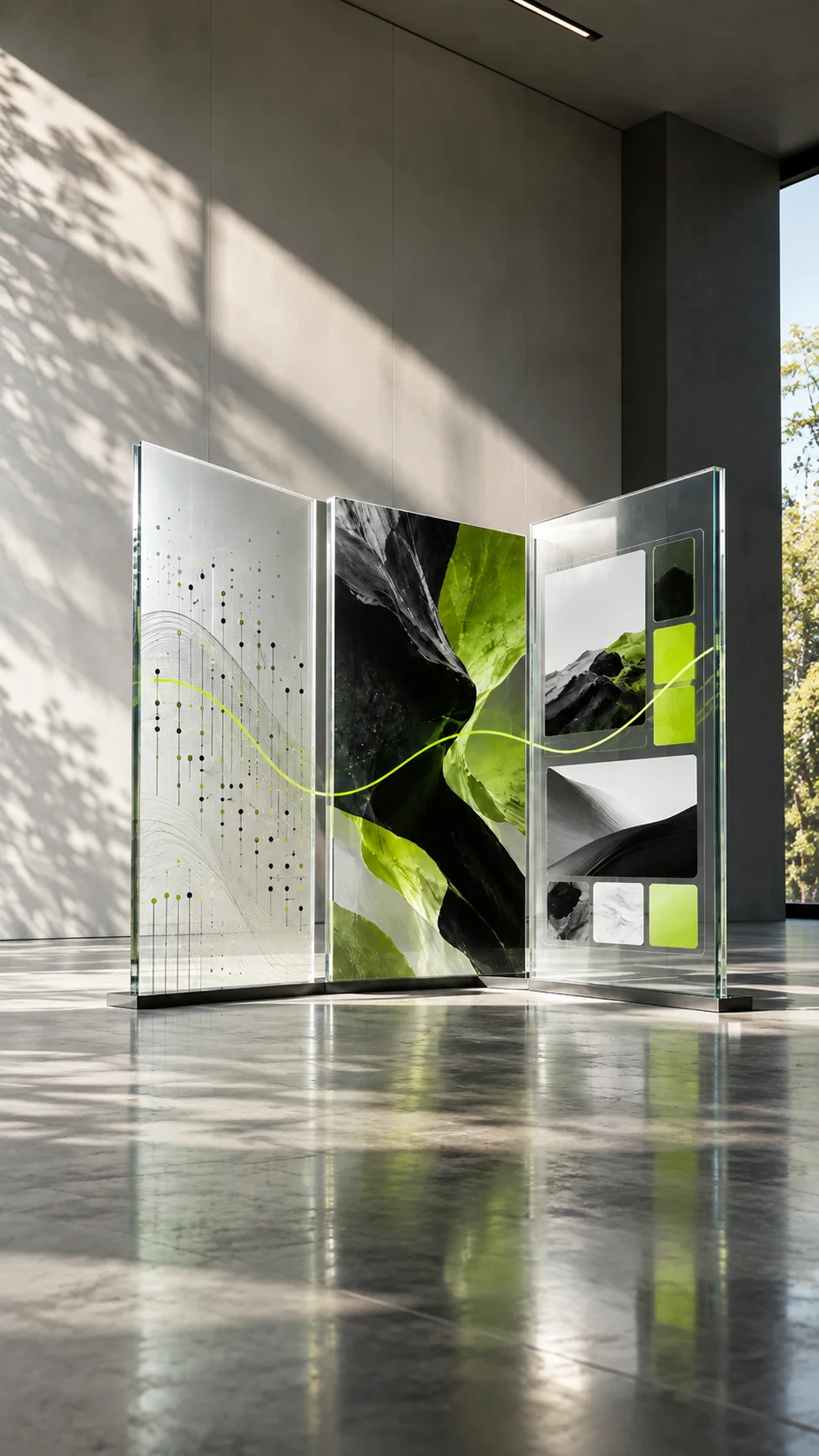 Modern creative workspace with dashboards and design books