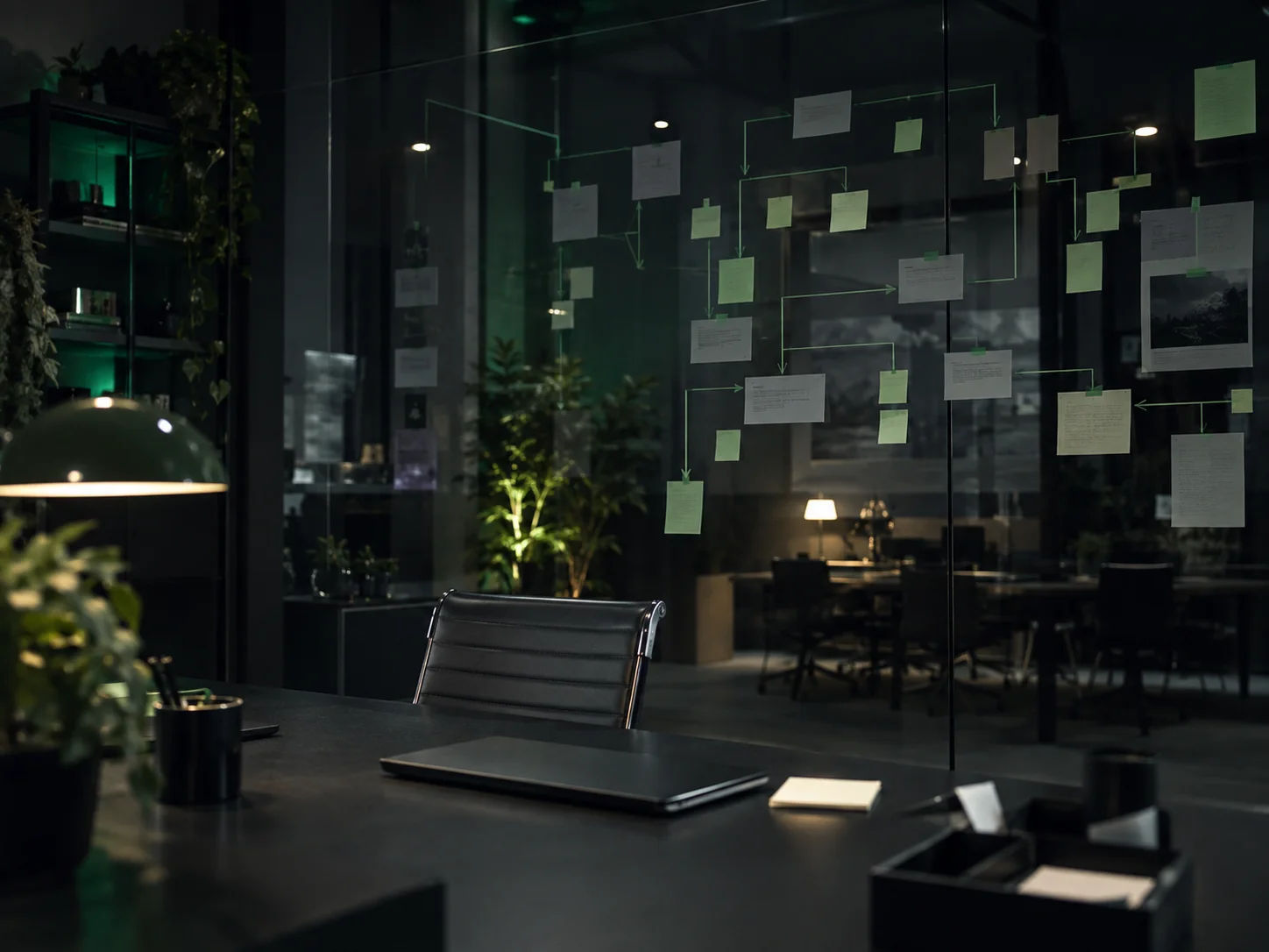 Glass wall with a connected flowchart of sticky notes